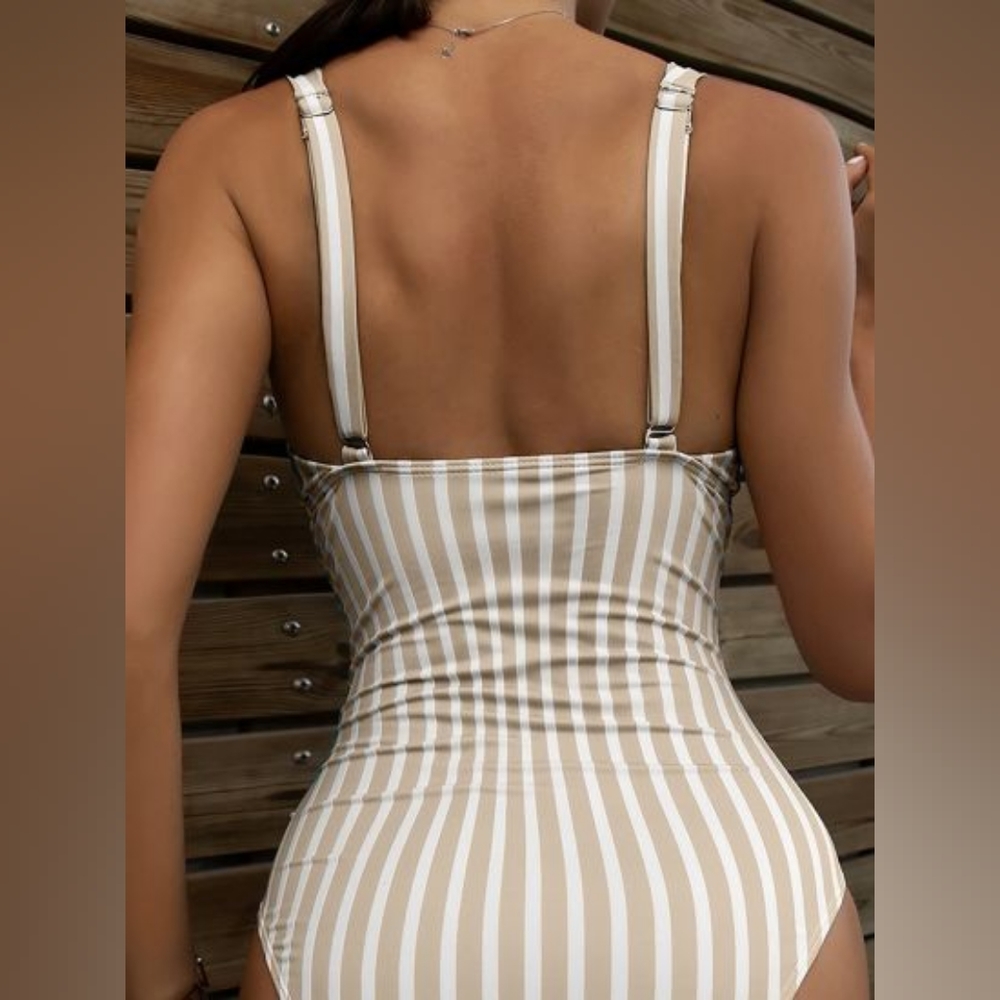 💦NIDALEE Taupe & White Stripe Sexy Swimsuit - Picture 2 of 7